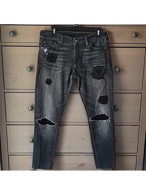 Denim Supply Ralph Lauren Black Skinny Jeans DISTRESSED Black Rose Applique